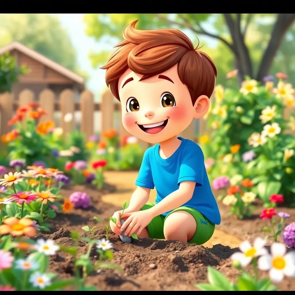 A cheerful boy named Sam, with short brown hair wearing a bright blue t-shirt and green shorts, planting seeds in a sunny backyard filled with flowers, digital art, vibrant colors, cheerful atmosphere, warm light, high quality