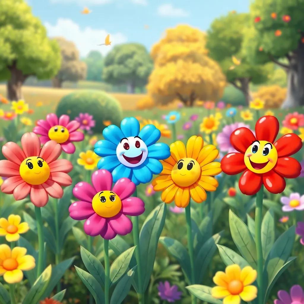 A garden filled with bright, shiny flowers that are talking, each with different colors - pink, blue, yellow, and red, smiling at Sam, surrounded by a beautiful landscape with trees and butterflies, illustration, cheerful, magical, child-friendly