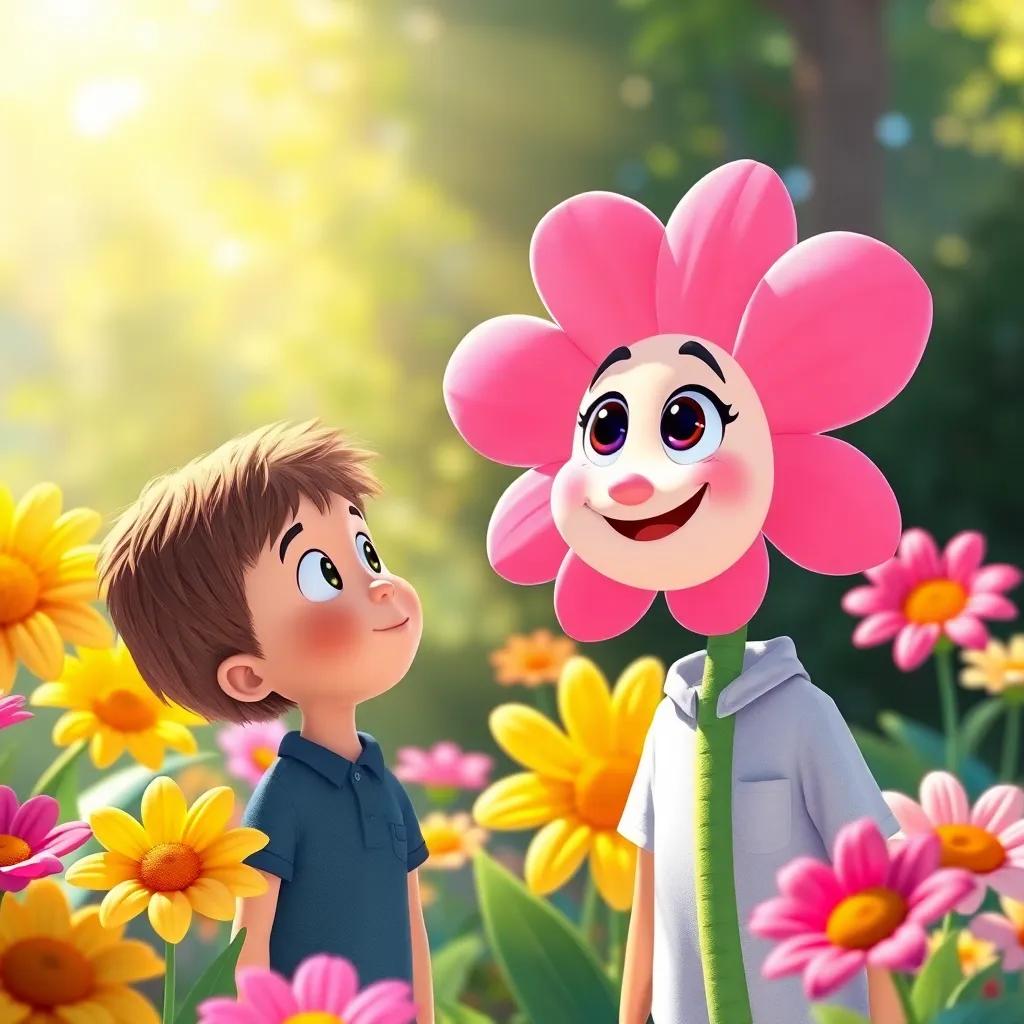 A pink talking flower with a friendly face, speaking to Sam, who looks excited and surprised, surrounded by other colorful flowers, bright sunlight, warm colors, inviting atmosphere, detailed illustration