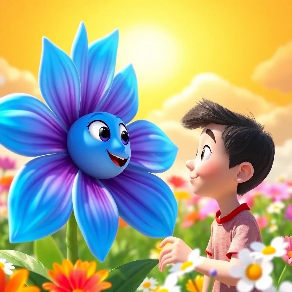 A blue flower with sky-like petals, sharing wisdom with Sam, who listens intently, backdrop of a sunny day with fluffy clouds, colorful garden, bright and cheerful, digital art, high quality