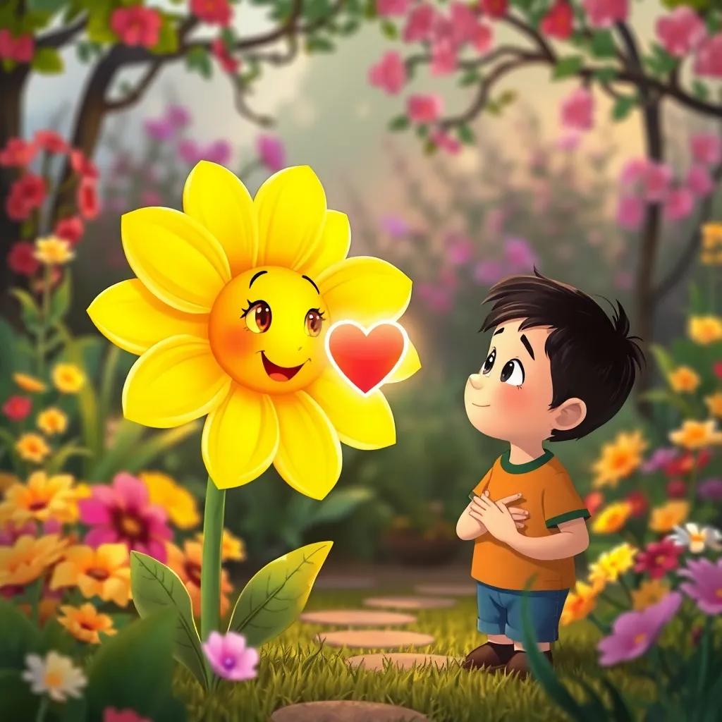 A yellow flower speaking gently to Sam, with a glowing heart symbol between them, illustrating kindness, picturesque garden backdrop filled with vibrant colors, cozy atmosphere, child-friendly illustration