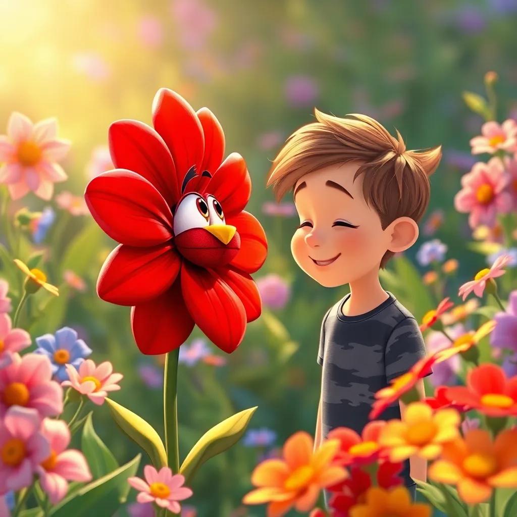 A red talking flower whispering wisdom to Sam, who nods in understanding, surrounded by blooming flowers in a colorful garden, bright day, warm light, detailed illustration, joyful feeling