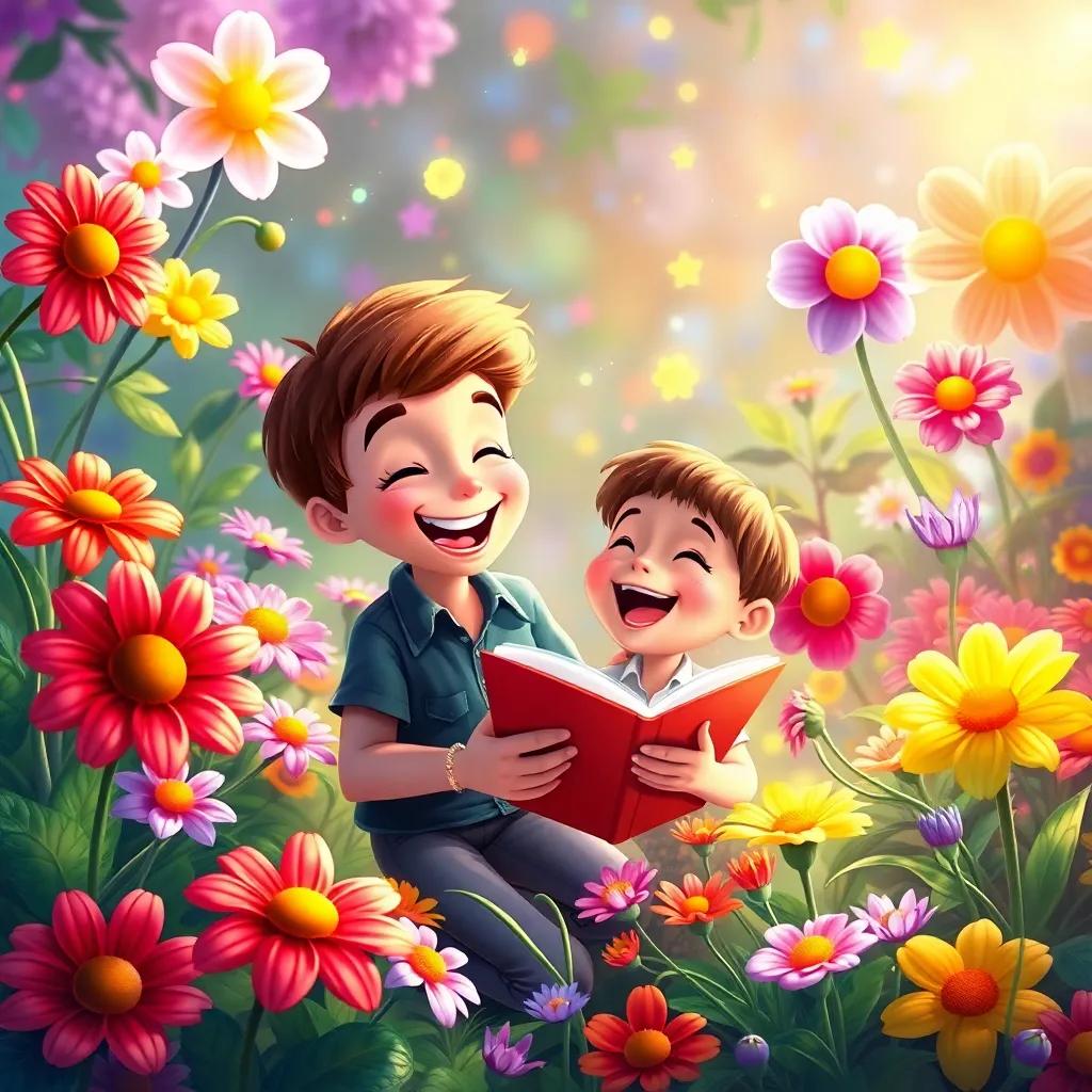 Sam joyfully surrounded by the magical flowers, laughing and playing in the garden, sharing stories and having fun, conveying a sense of happiness and friendship, colorful and vibrant, digital painting, high quality