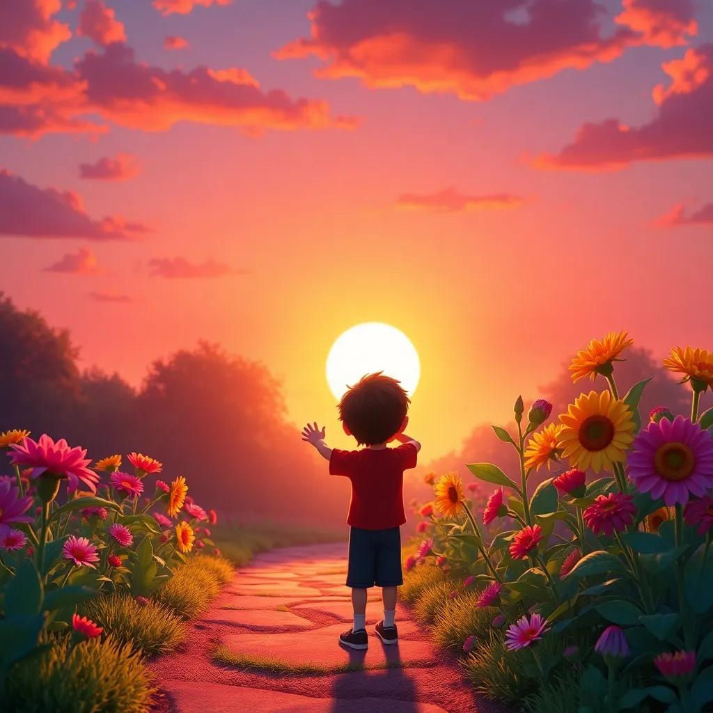 A sunset scene with Sam waving goodbye to the talking flowers, promising to practice kindness, with the vibrant colors of the setting sun illuminating the garden, heartwarming, warm mood, detailed digital art