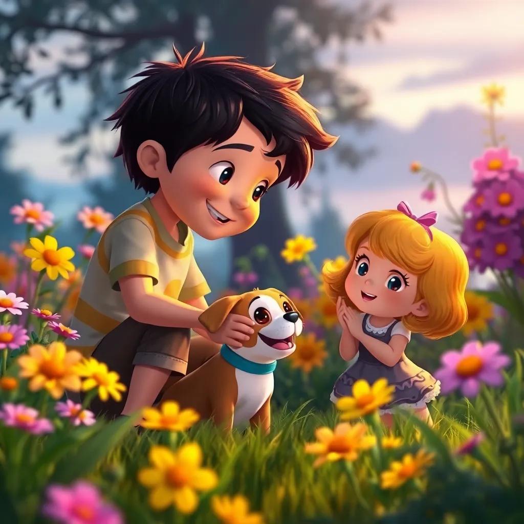 Sam happily helping his friend Lucy find her lost puppy in the garden, with the flowers watching in delight, colorful flowers blending with soft colors of dusk, heartwarming atmosphere, bright and cheerful