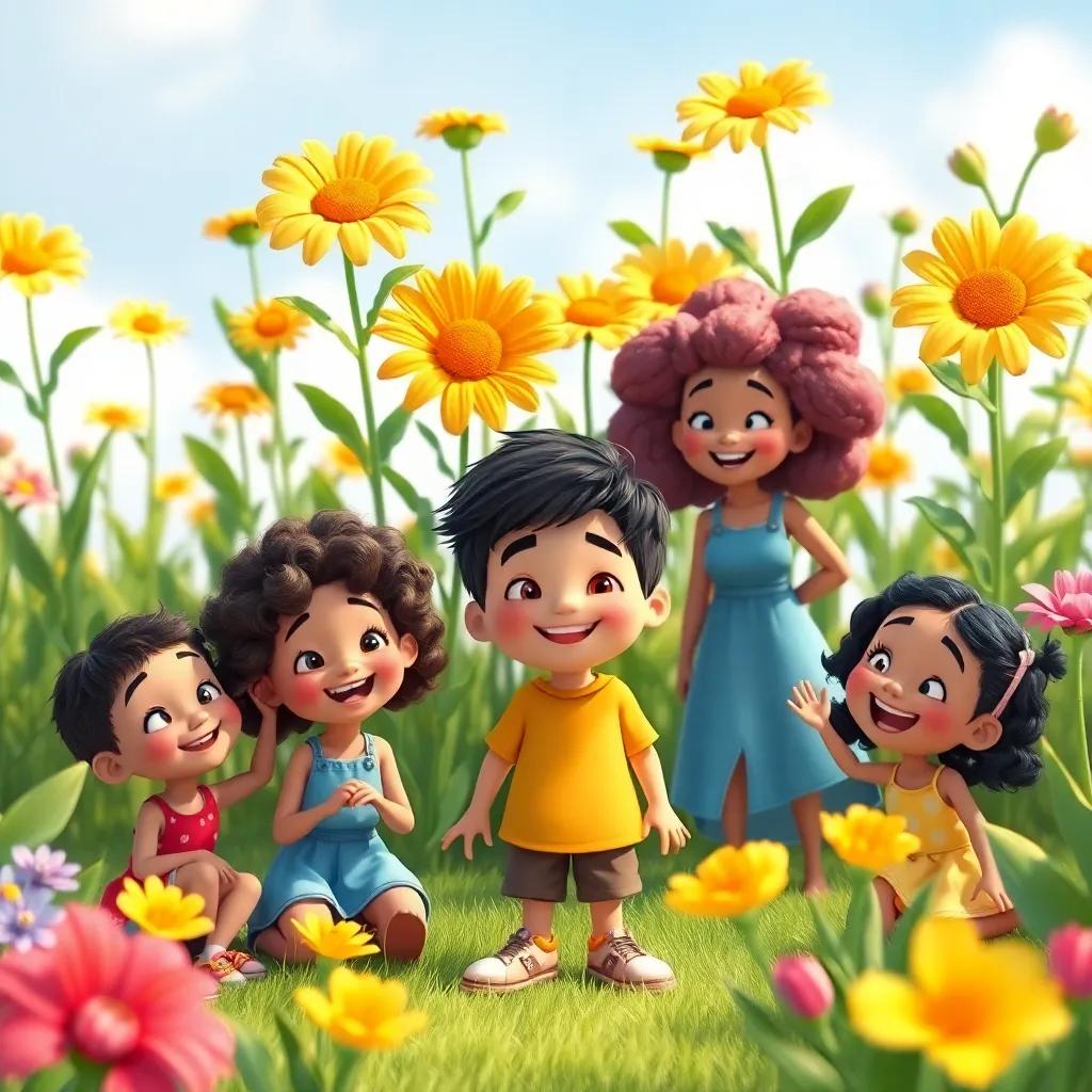 Sam with a group of diverse friends playing in the garden, flowers watching over them, celebrating their differences with joy, colorful summer day, uplifting atmosphere, high-quality illustration