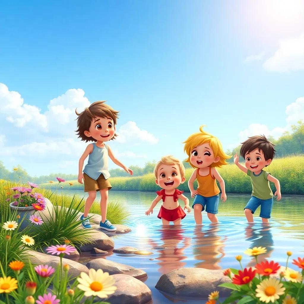 A bright sunny day by the river, four children playing happily together, one child looking excitedly at something shiny in the water, colorful wildflowers around, digital art, cheerful, vibrant colors, warm and inviting atmosphere