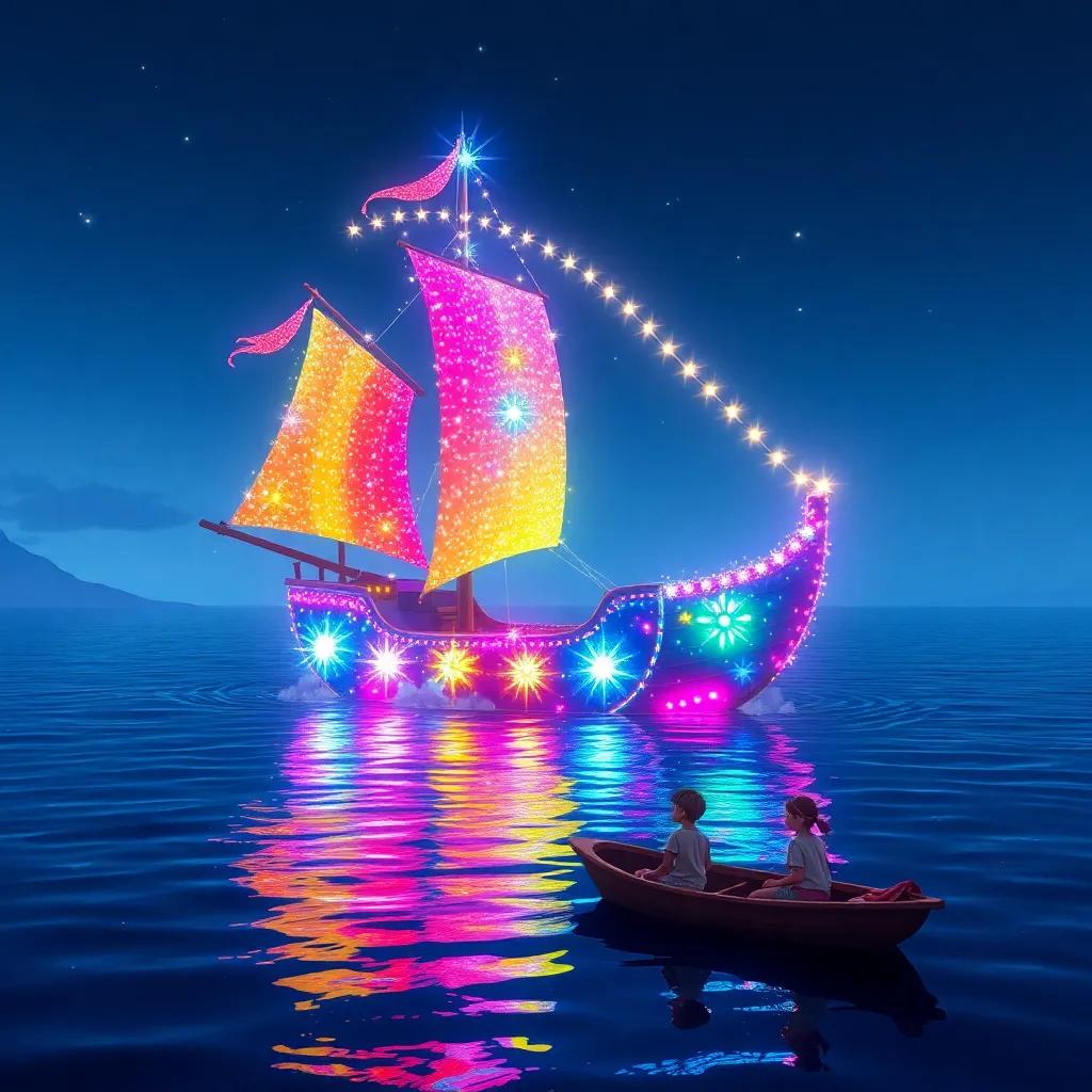 A magical ship made of bright colors and sparkles floating on the water, sails shimmering like stars, children in a small boat approaching it, enchanting scene, fantasy, high quality