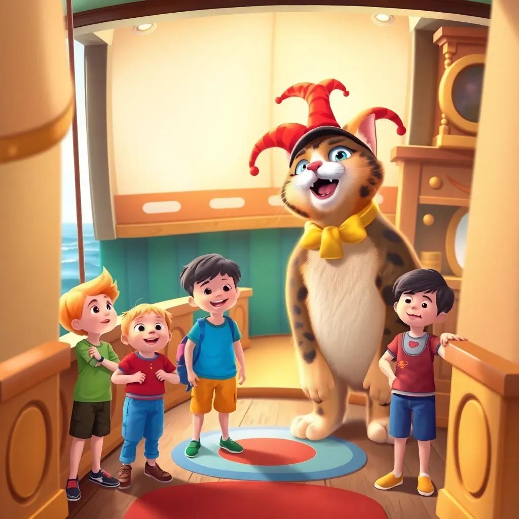 The children standing on the ship's deck, a big friendly cat with a jester's hat and golden collar welcoming them, whimsical and colorful ship interior, lighthearted, joyful