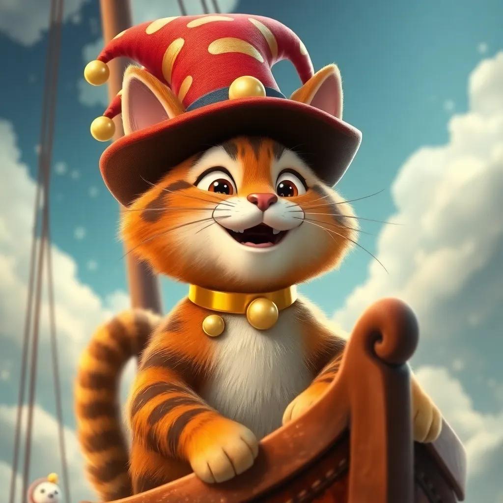 Captain Whiskers, a big friendly cat with a jester’s hat and a golden collar, smiling and talking to the children, magical ship surrounded by glittering clouds, captivating and cute