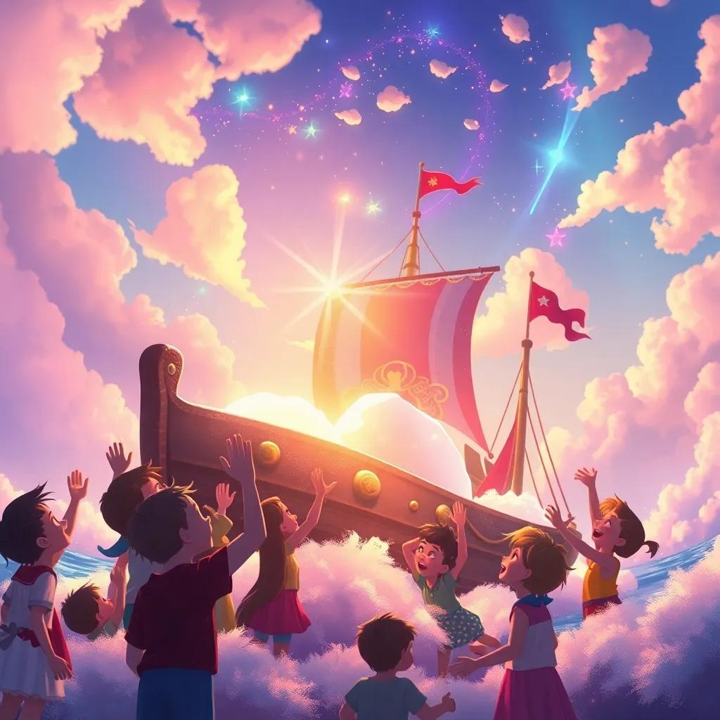 Children cheering, ship shaking and shimmering, bright clouds forming around the ship, the sky is filled with magical colors, whimsical and dreamlike