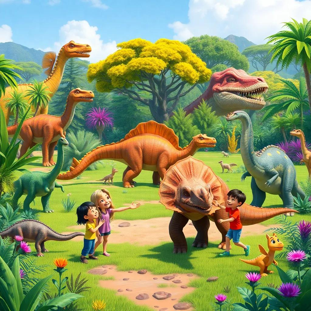 A beautiful land with dinosaurs of all sizes, children playing with a baby triceratops, vibrant plants and trees in the background, joyful scene, adventure and fun