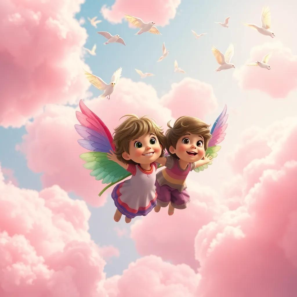 Children with colorful wings flying among fluffy pink clouds, singing birds flying around, bright and cheerful sky, imaginative and magical
