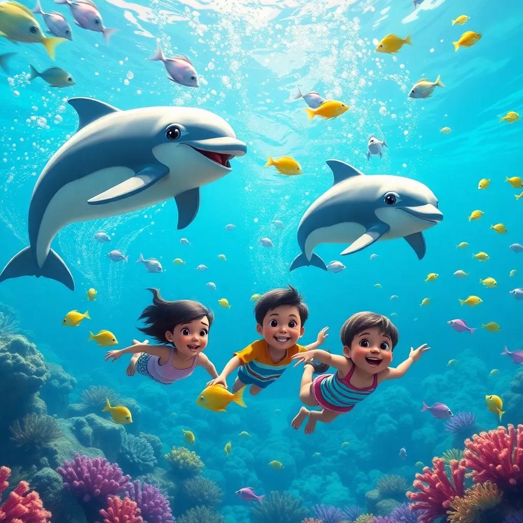 Underwater scene with children swimming with dolphins and colorful fish, magical ocean world with coral reefs, bright and lively colors, joyful and enchanting