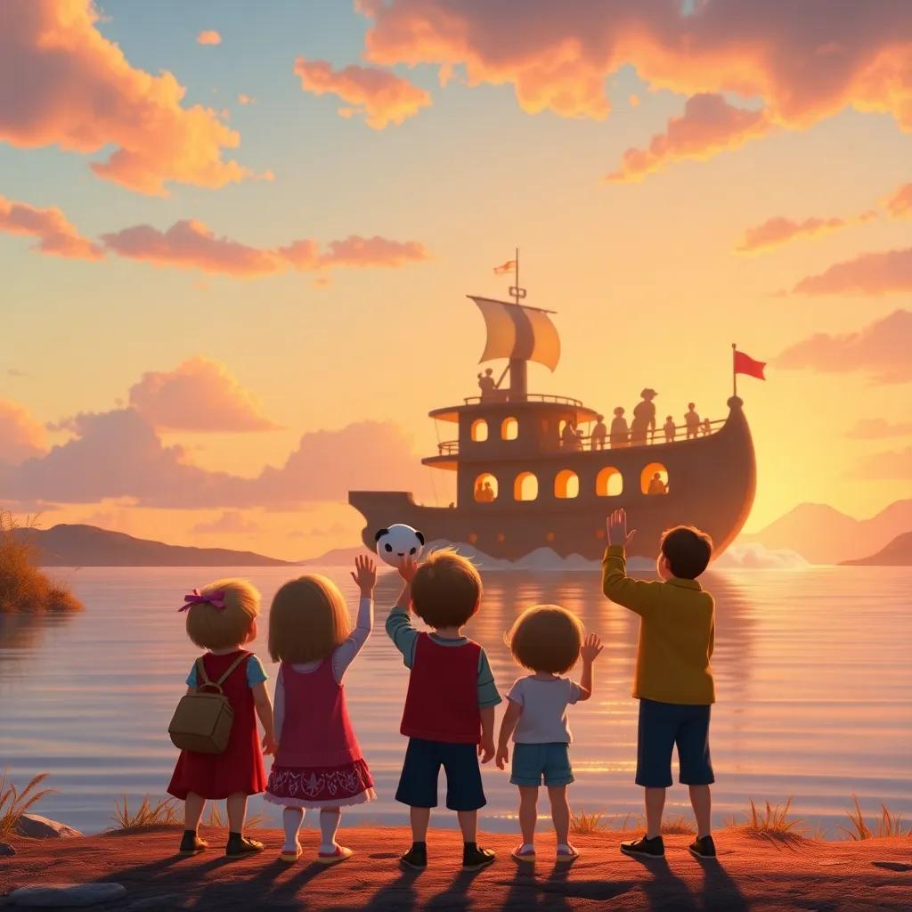 Children standing on the bank of the river, waving goodbye to Captain Whiskers on the magical ship, a sunset sky creating a warm glow, heartwarming and nostalgic