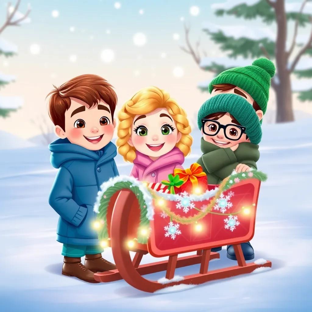 Sam, a young boy with short brown hair wearing a warm blue jacket, Lily, a girl with curly blonde hair in a pink coat, Max, a boy with glasses in a green beanie, gathered around their beautifully decorated sled in the snow, friendly smiles, winter wonderland backdrop, illustration, child-friendly