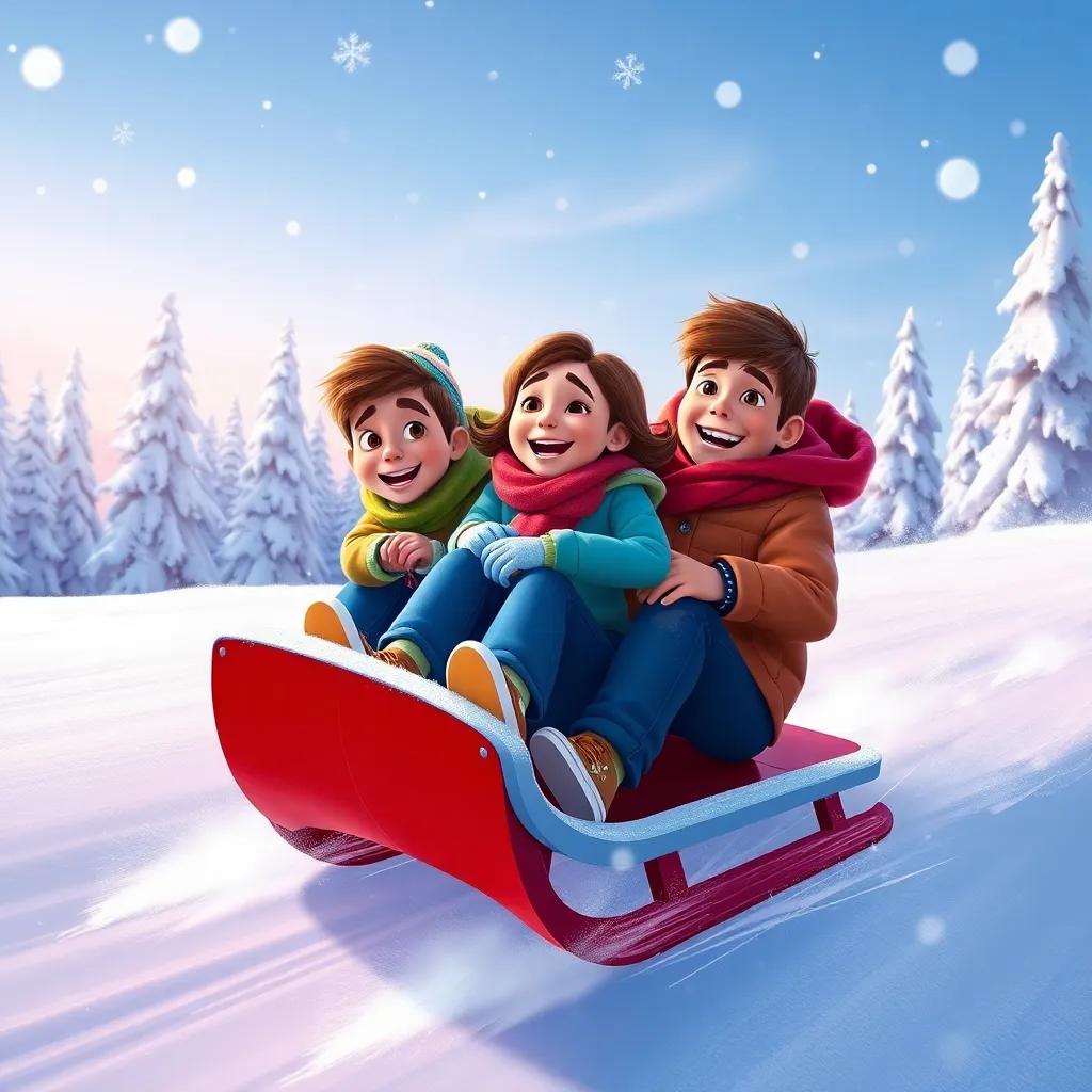 The magical sled speeding down a snowy hill, Sam, Lily, and Max holding on tightly, laughter on their faces, flurry of snowflakes in the air, background of frosted trees and stunning winter scenery, dynamic angle, joyful vibe, vibrant illustration