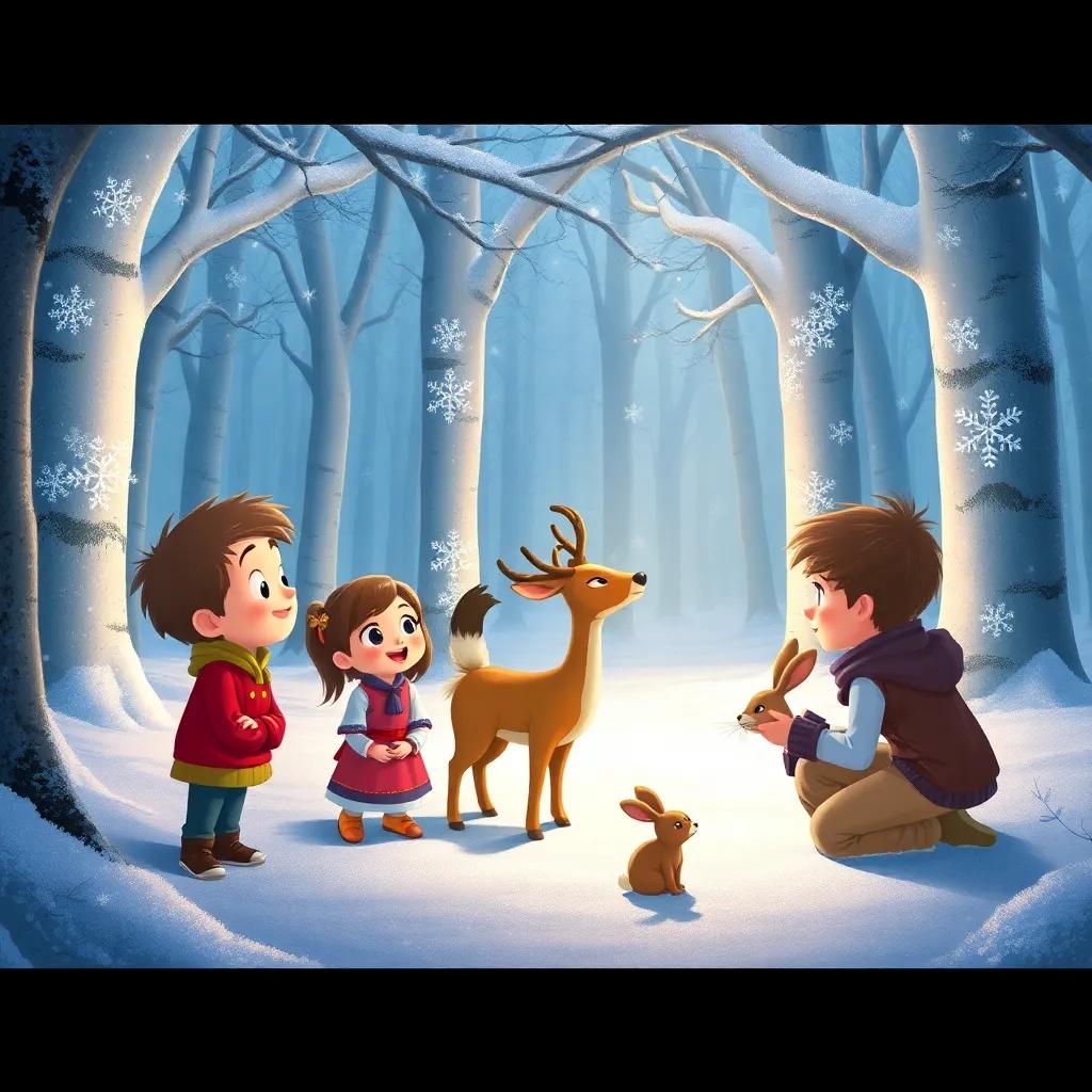 A snowy forest glade with sparkling trees, Sam, Lily, and Max marveling at a deer and a rabbit, gentle sunlight filtering through the branches, an atmosphere of wonder and exploration, whimsical art style, bright and friendly