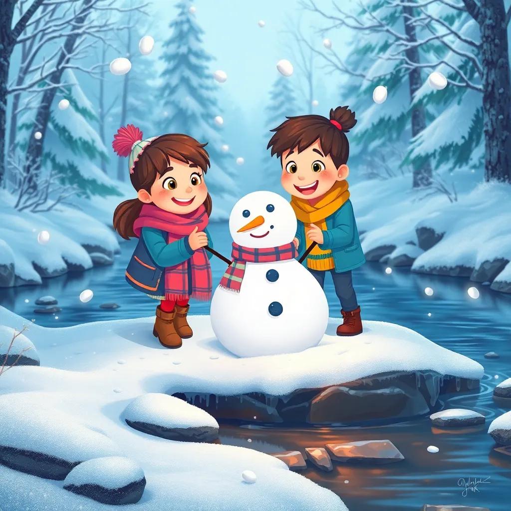 The friends building a snowman together by the stream, snowballs flying, joyful expressions, snow-covered rocks and tiny icicles gleaming nearby, a background of surrounding frosty trees, heartwarming scene, colorful digital art