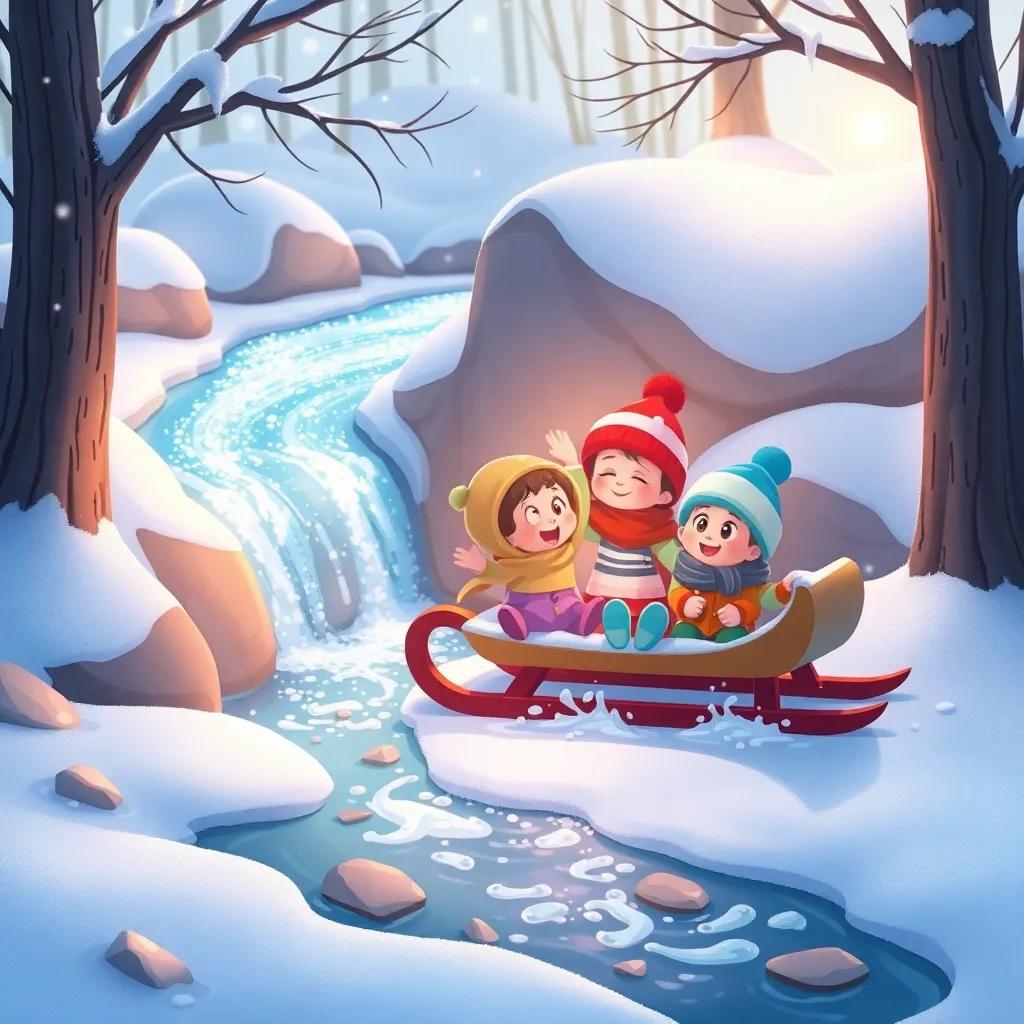 The sled resting beside the sparkling stream, with excited friends splashing in the snow, catch a glimpse of winter's beauty, soft light casting a magical glow, playful atmosphere, charming illustration, upbeat