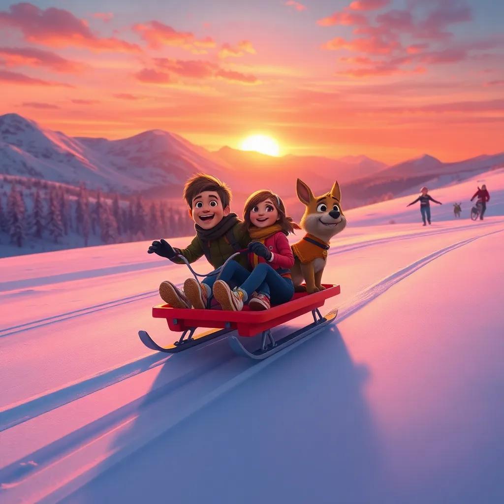 The colorful sled gliding smoothly over the snow at sunset, the landscape illuminated in warm oranges and pinks, Sam, Lily, and Max looking thrilled and carefree, capture the essence of adventure and friendship, warm colors, lively digital painting