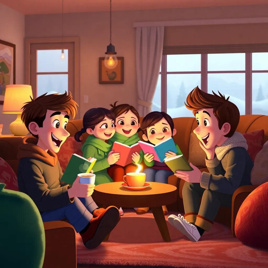 Sam, Lily, and Max at home with their families, animatedly sharing stories about their sled trip, cozy living room scene with hot chocolate, laughter, and warm memories, inviting atmosphere, heartwarming, colorful