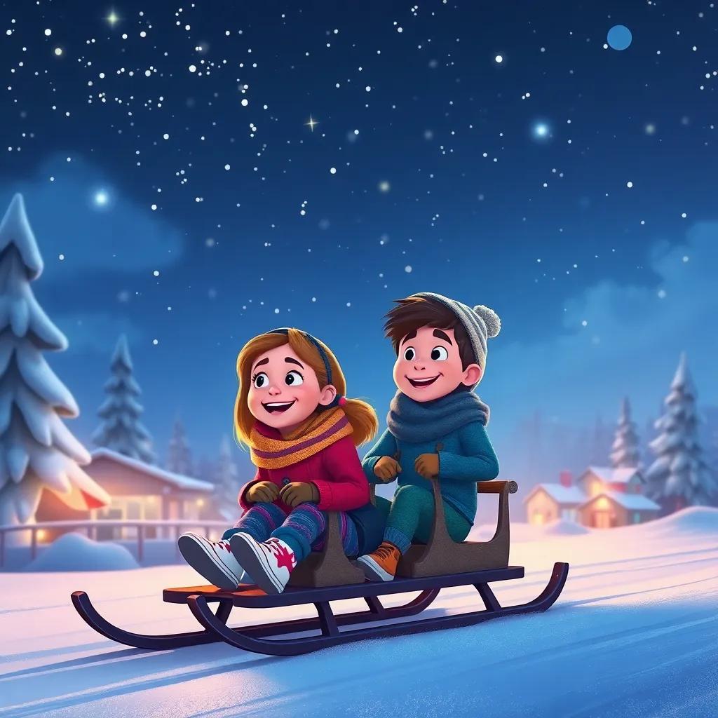 A nighttime scene with twinkling stars above, the friends heading outside for another adventure on their sled, excitement on their faces, the world around them bright and magical, dreamy art style, cheerful