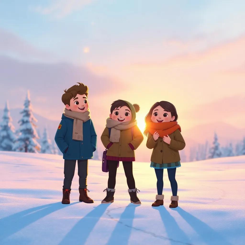 The three friends from the beginning feeling connected, standing in a snowy landscape, bundled up, warm smiles, sunset behind them casting a golden glow, valiant representation of friendship in a magical setting, uplifting and joyful, narrative-driven illustration