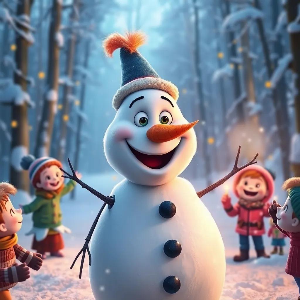 A living snowman named Frosty, with a bright carrot nose, wearing a magical hat and a big smile, standing in a snowy forest surrounded by excited children, digital painting, magical lighting, captivating colors, close-up view, heartwarming