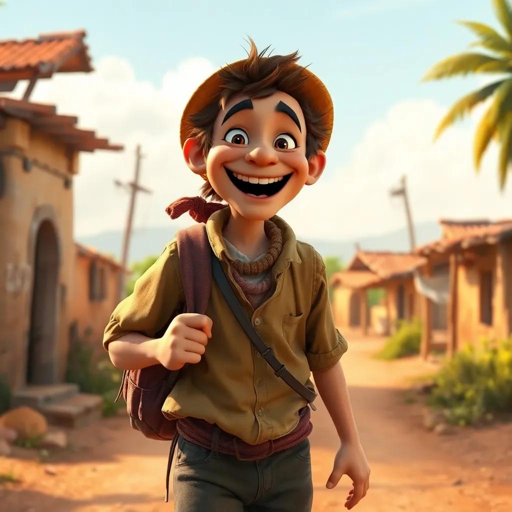 A hungry traveler, wearing worn-out clothes and a big smile, arriving in a small sunny village on a dusty road, cheerful atmosphere, warm colors, inviting scenery, high quality