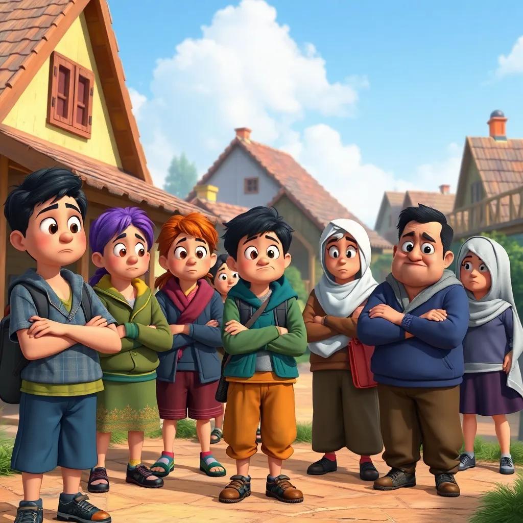 Village residents, looking hesitant and worried, standing with their arms crossed, observing the traveler with curious expressions, village houses in the background, colorful, community scene, child-friendly, detailed