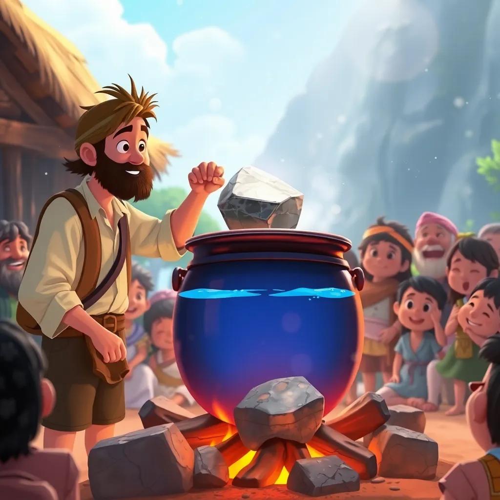 The traveler stirring a big pot filled with water and a shiny stone on a fire, villagers gathering around, showing interest and curiosity, magical and warm atmosphere, digital art, cheerful vibe