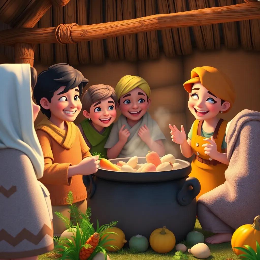 The villagers beginning to contribute food, such as carrots and potatoes, to the pot, smiling and laughing together, forming a communal atmosphere, warm light, colorful, fun