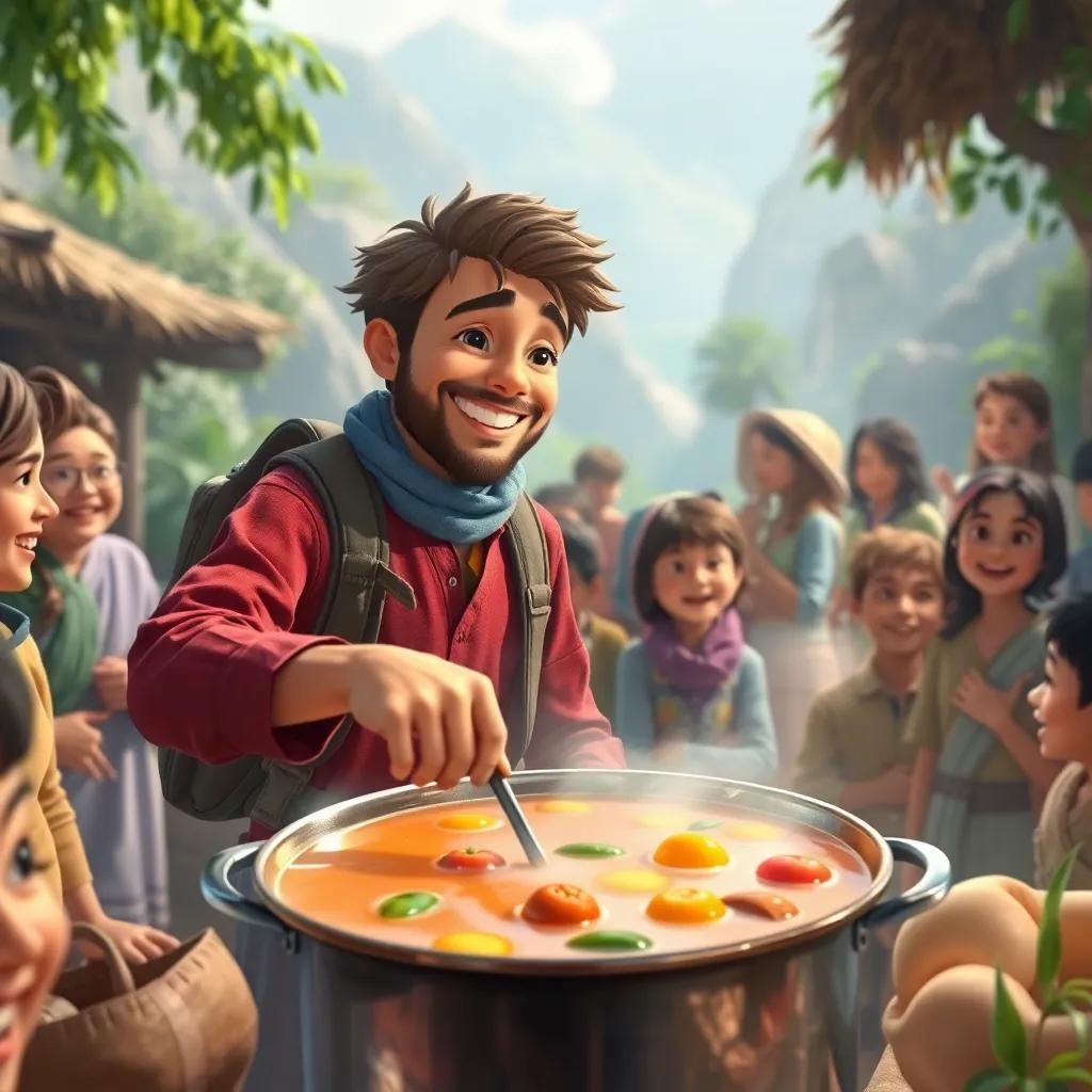 The traveler smiling as he stirs the bubbling soup, with vegetables floating in the pot, villagers eagerly watching, joy filling the air, bright and vibrant colors, detailed quality