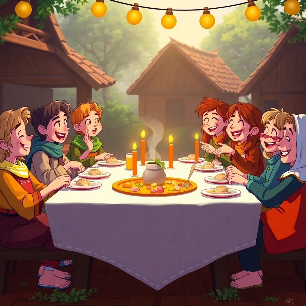 A table set for a feast with all the villagers sitting together, sharing the delicious stone soup, laughter and joy in the air, heartwarming scene, rich colors, community spirit