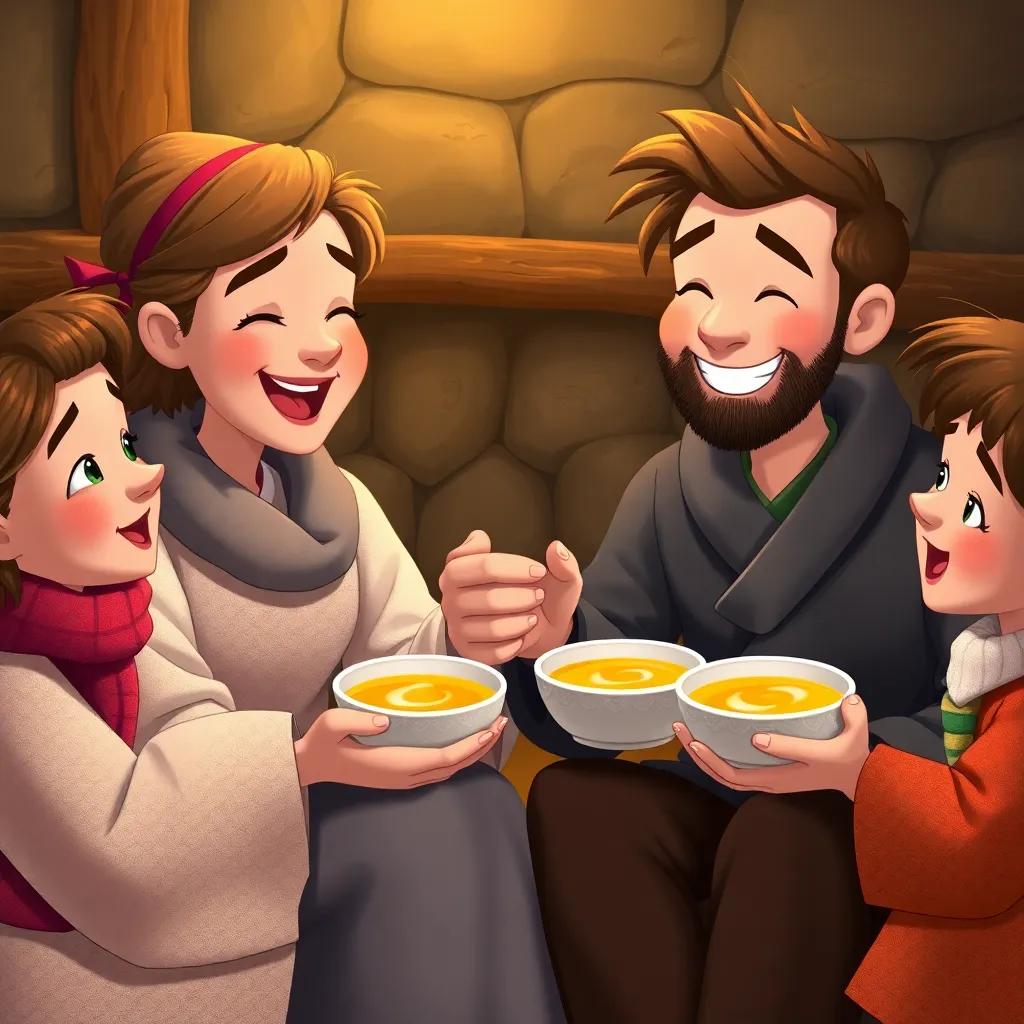 The villagers toasting with bowls of soup, sitting side by side, joy on their faces, warmth and togetherness, cozy setting, colorful art, detailed