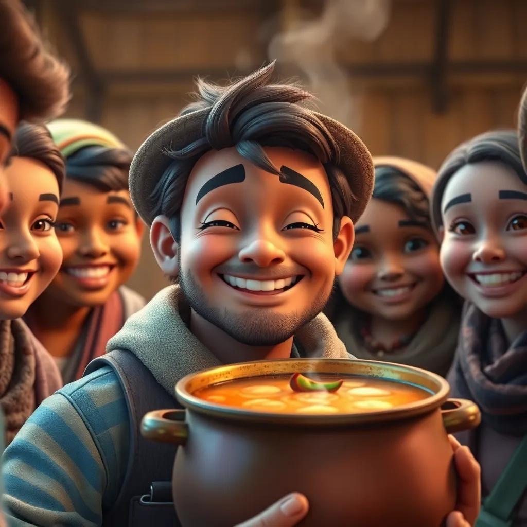 A close-up of the traveler smiling contently, surrounded by happy villagers, the pot of soup steaming behind them, a moment of community and sharing, vibrant colors, inviting atmosphere, high quality
