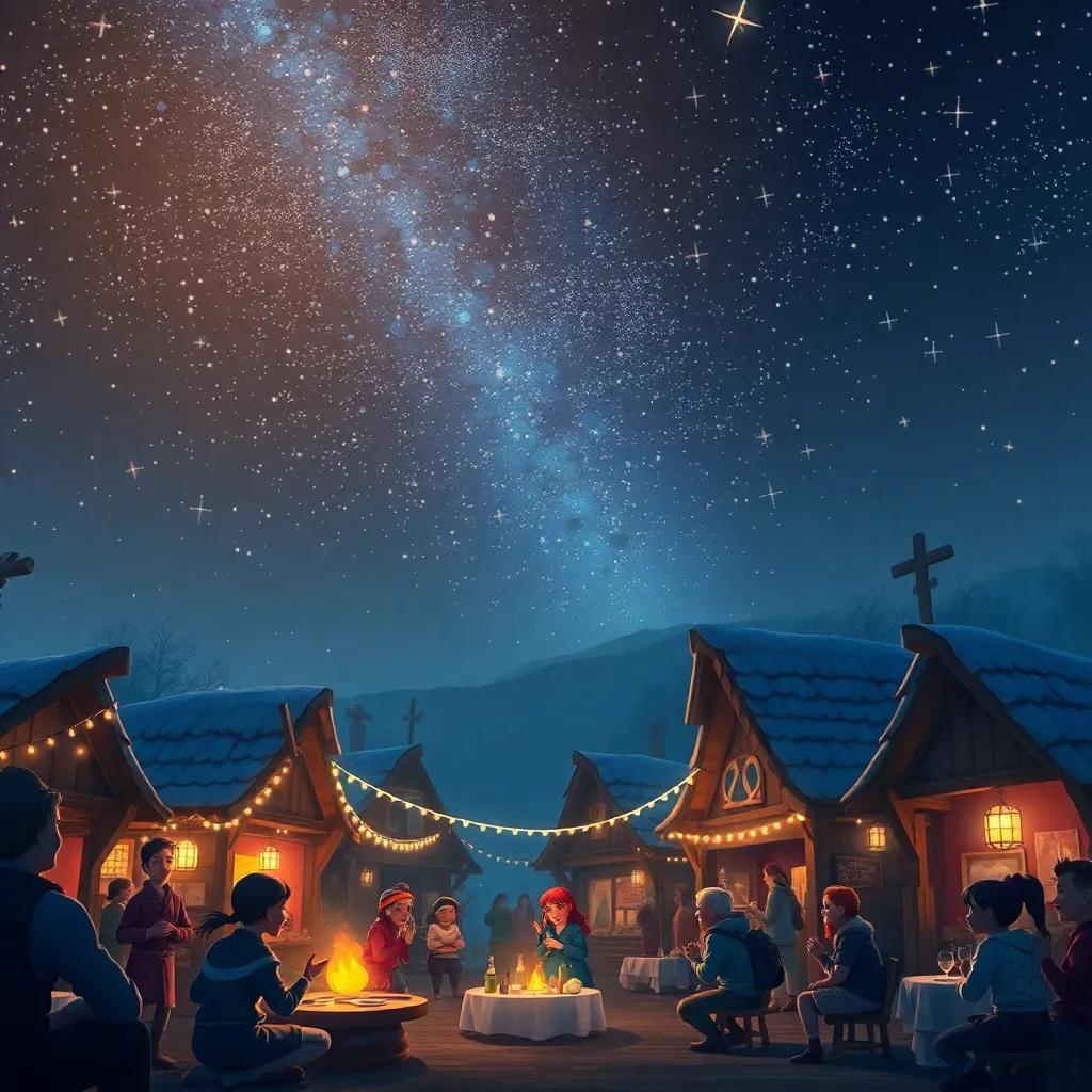 Nighttime scene of the village, filled with starry skies and twinkling lights, the villagers still enjoying their feast, celebrating friendships and happiness, warm glow, serene setting, magical feeling