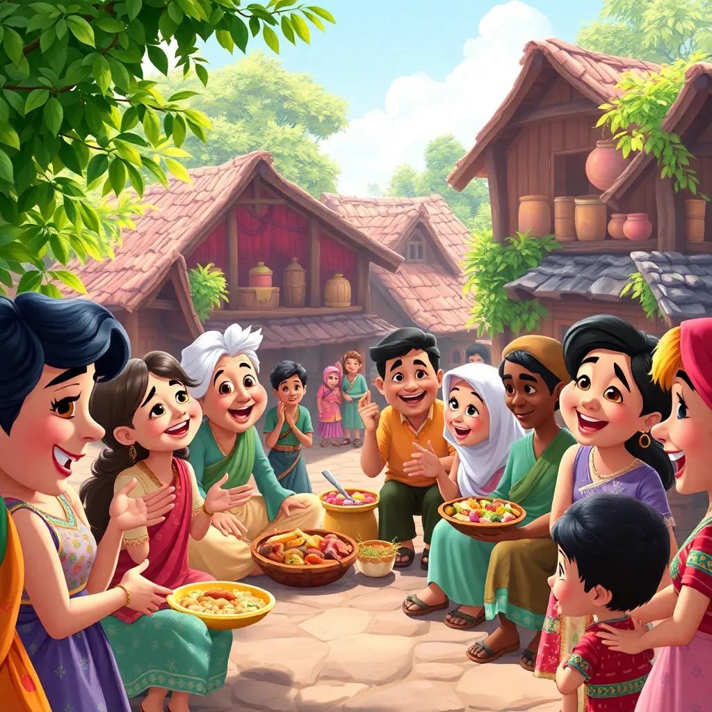 The village thriving together, filled with laughter and delight, sharing food and stories, everyone connected, colorful, cheerful, bustling activity in the village, strong community spirit, heartwarming