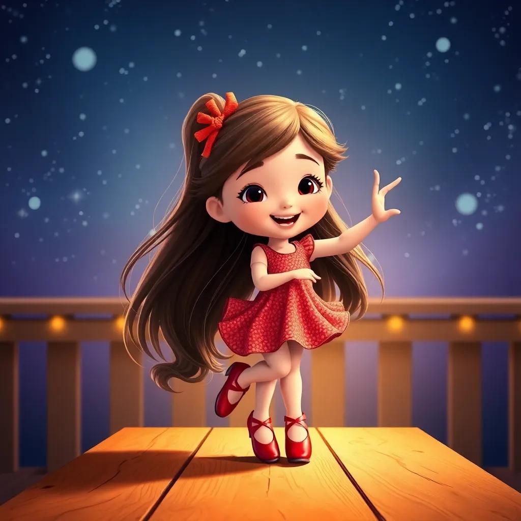 A young girl, Mia, with long brown hair wearing bright red dancing shoes, dancing on a wooden table under a starry night sky, joyful expression, digital art, vibrant colors, magical ambiance, high quality