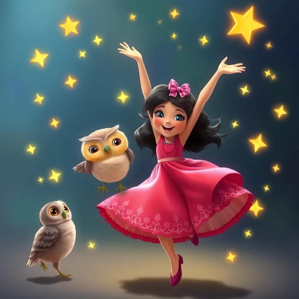 Mia twirling joyfully with the owl nearby, her arms raised high, sparkling stars gleaming around her, whimsical digital art, lively colors, capturing movement, high quality