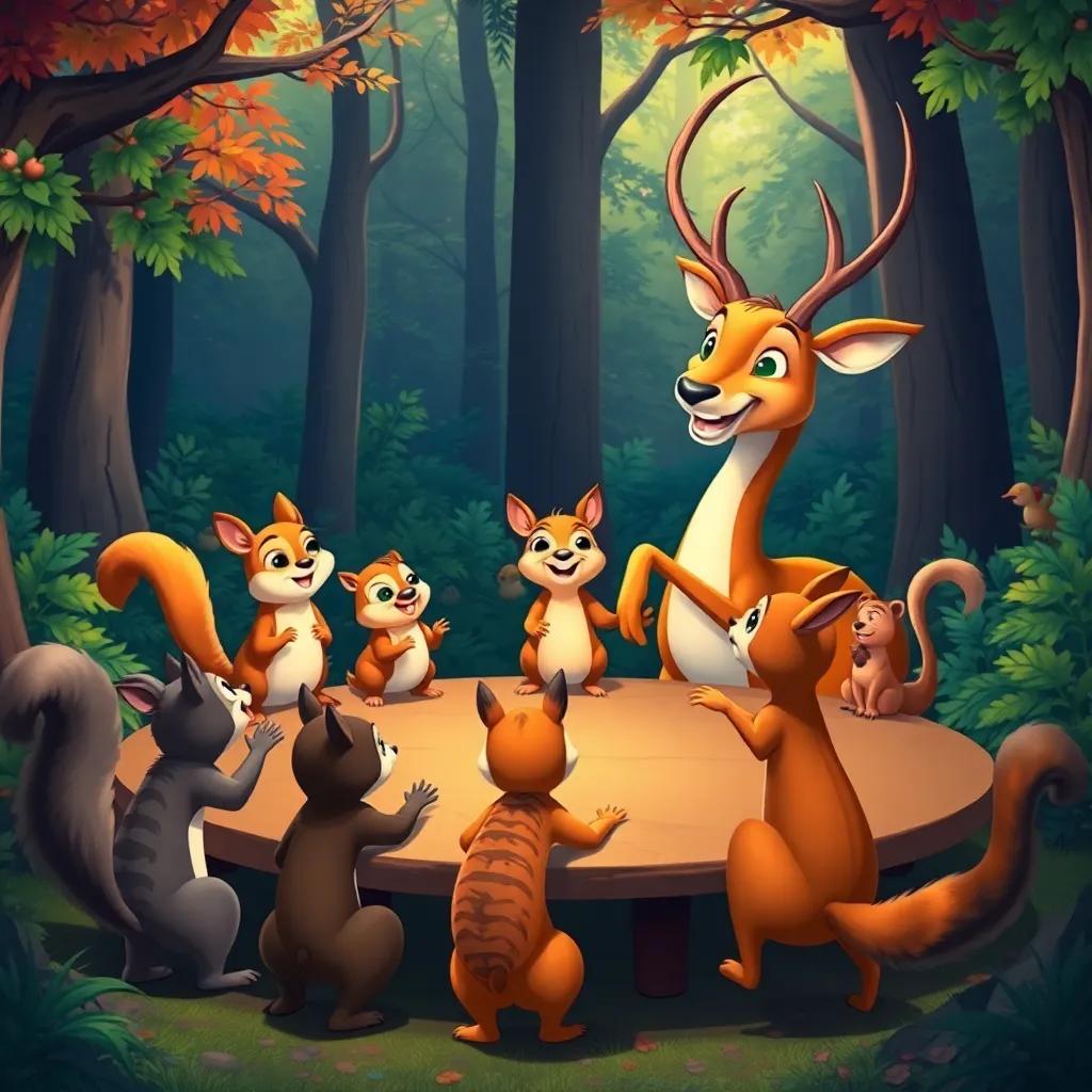 Animals gathering around the table, including playful squirrels and graceful deer, all happily participating in the dance-off, vibrant forest background, illustration, rich colors, joyful scene, high quality