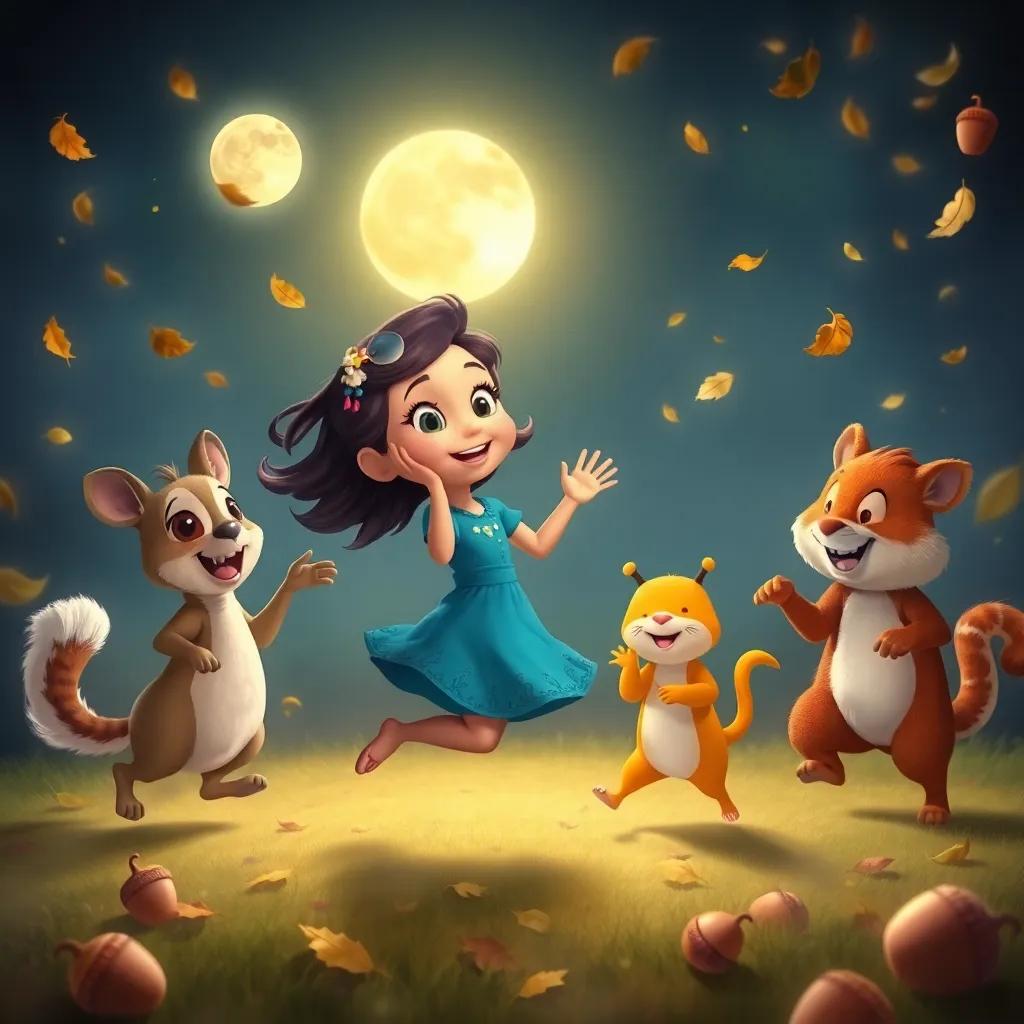 Mia and her animal friends dancing in rhythm, with acorns and leaves scattered around, under a friendly moon, dynamic energy, playful atmosphere, digital painting, engaging colors, high quality