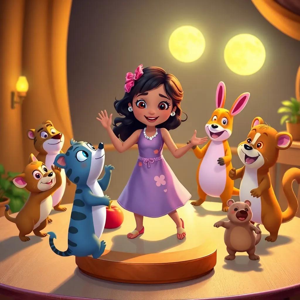 A lively tabletop scene with Mia and the animals dancing together, each creature showing their unique moves, cozy warm light from the moon, whimsical style, cheerful environment, high quality