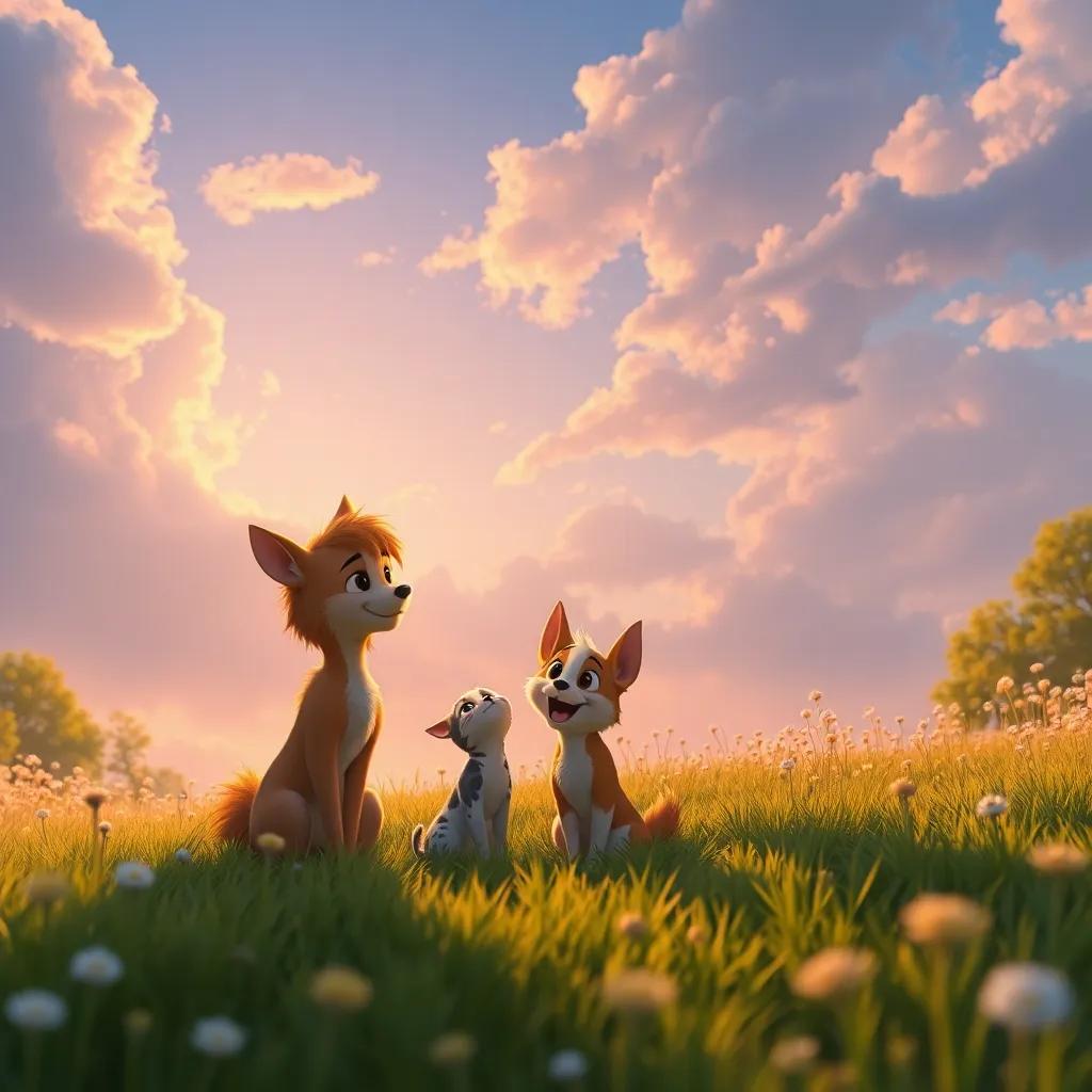 A magical scene of animals and Mia under the sky as daylight begins to break, soft golden hues emerging, capturing the essence of friendship and joy, heartwarming, digital art, high quality