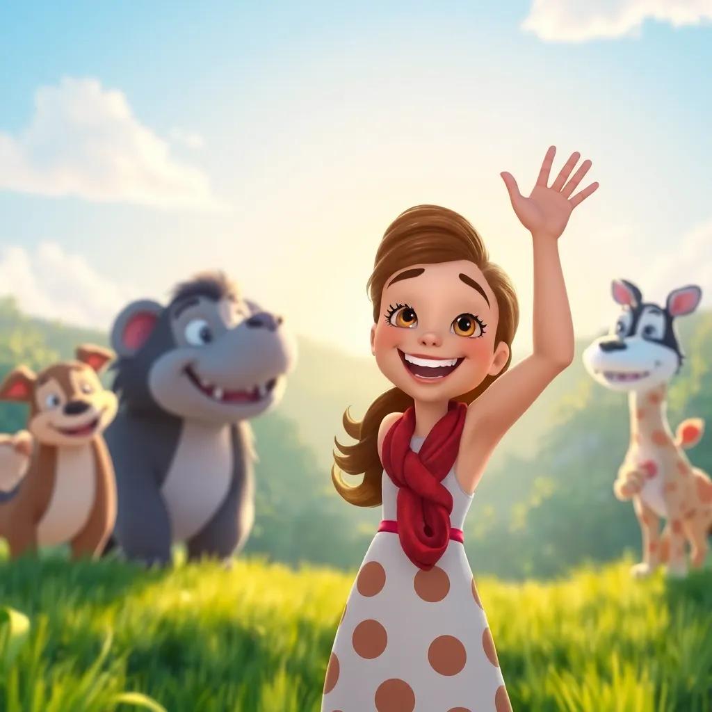 Mia with a big smile, waving to her animal friends as they bid farewell, the morning sun rising in the background, bright and cheerful ambiance, digital painting, uplifting quality, high quality