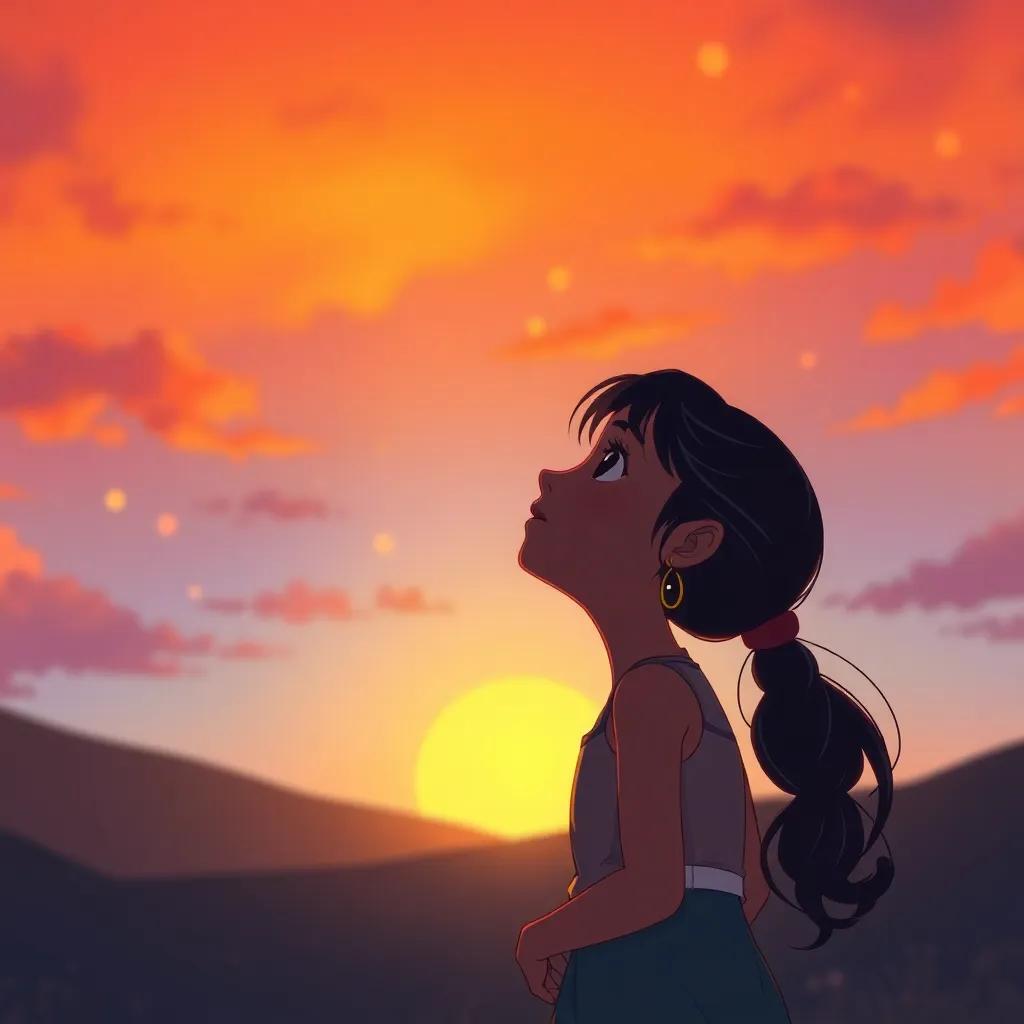 Mia looking up at the sky filled with colors of dawn, feeling grateful and dreaming of future dances, warm tones, serene scene, illustration, expressive and vibrant, high quality
