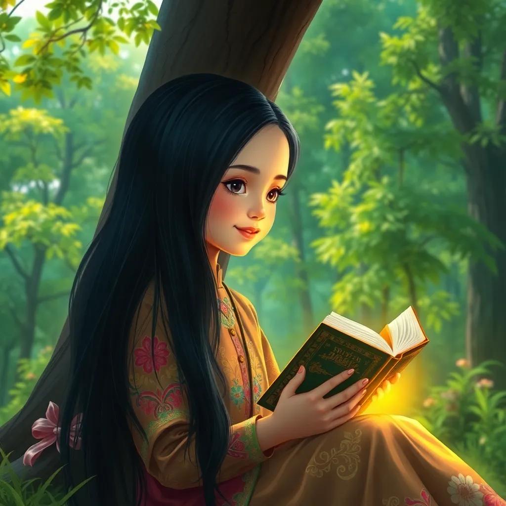 A young Malaysian girl, Aisha, with long black hair and wearing a colorful baju kurung, sitting under a tall tree with a hidden golden book, vibrant green forest in the background, digital art, bright colors, enchanting, inviting atmosphere, high quality