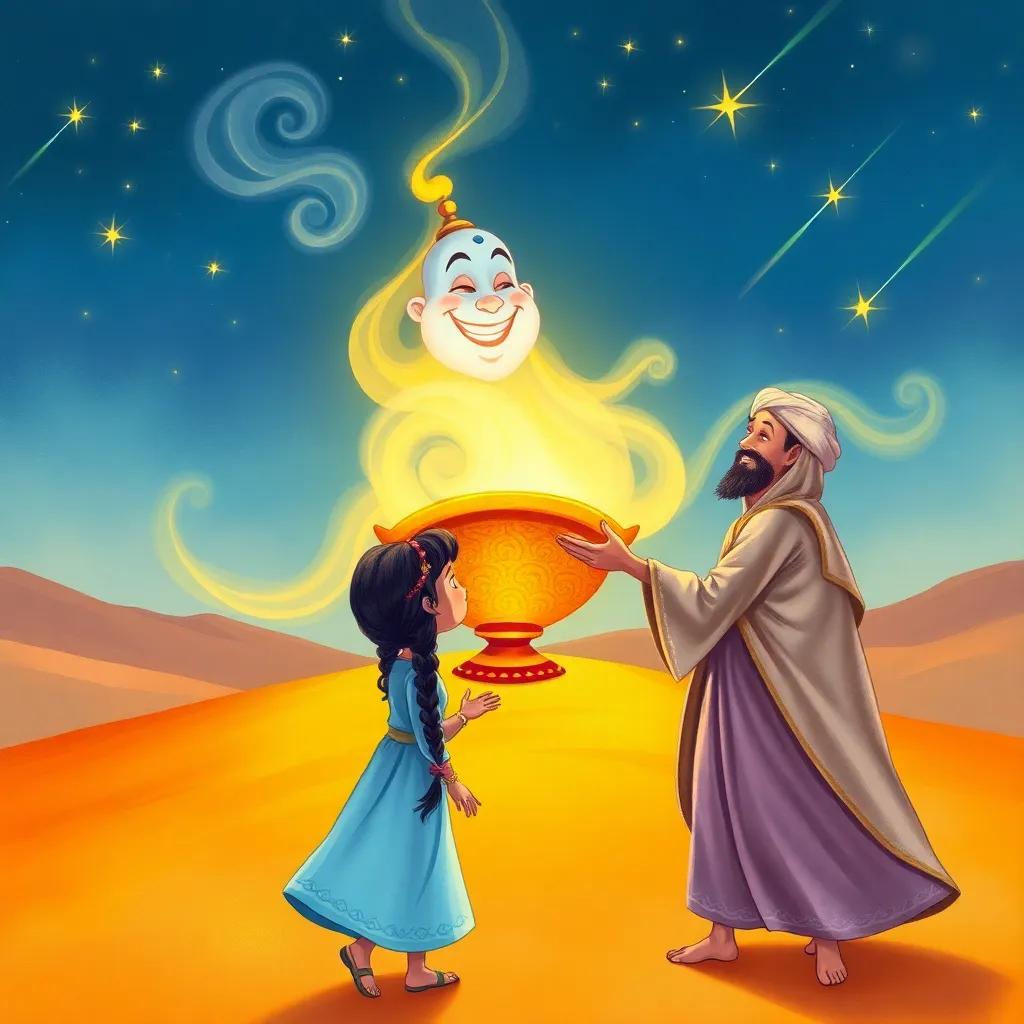 A magical genie appearing from a glowing lamp, surrounded by swirling smoke, smiling down at Fatima, a young Arabic girl with braided black hair in a light blue dress, and Amir in a traditional thobe, desert landscape with bright stars and shooting comets, fantasy art, colorful, mystical atmosphere, high quality