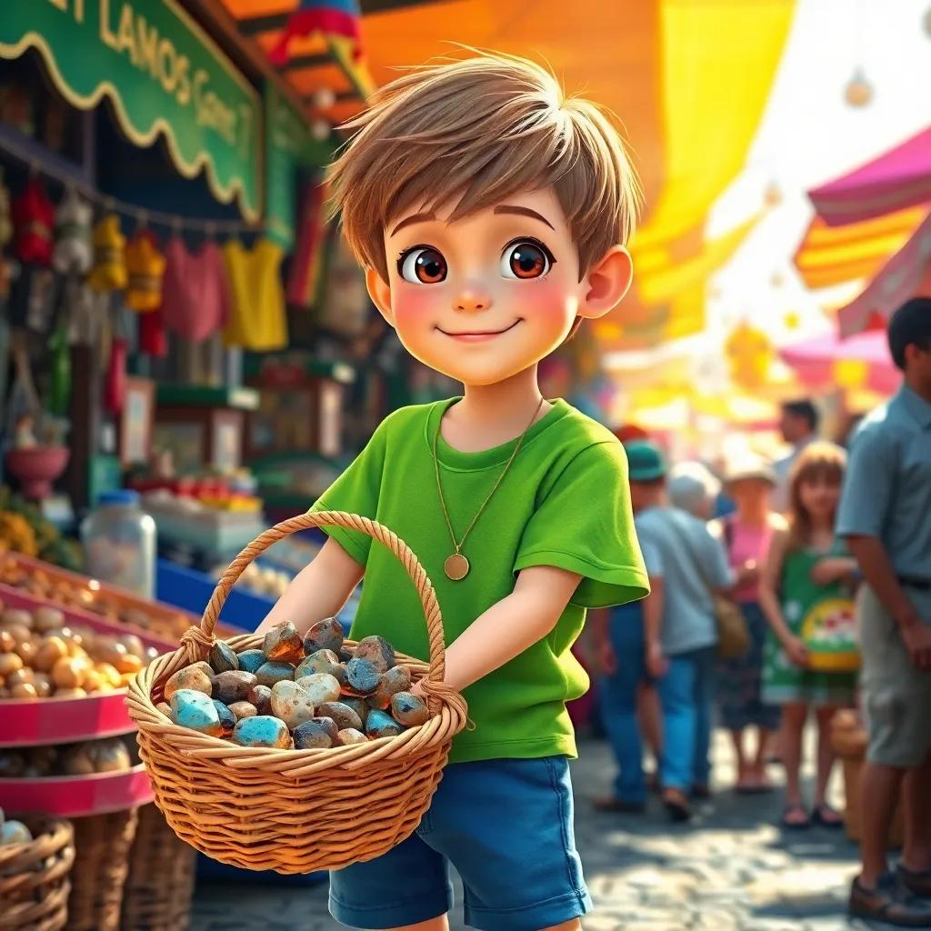 A young boy, Finn, with short brown hair, wearing a bright green t-shirt and blue shorts, holding a basket full of shiny pebbles in a bustling market filled with colorful stalls, cheerful townsfolk surrounding him, bright sunlight, warm and inviting atmosphere, digital art, vibrant colors, lively scene
